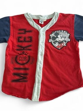 Disney Mickey Mouse Red & Navy Mens Baseball-Style Shirt